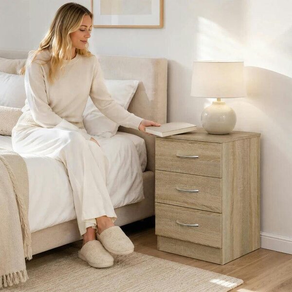 Three-Drawer Simple Bedside Table - Oak