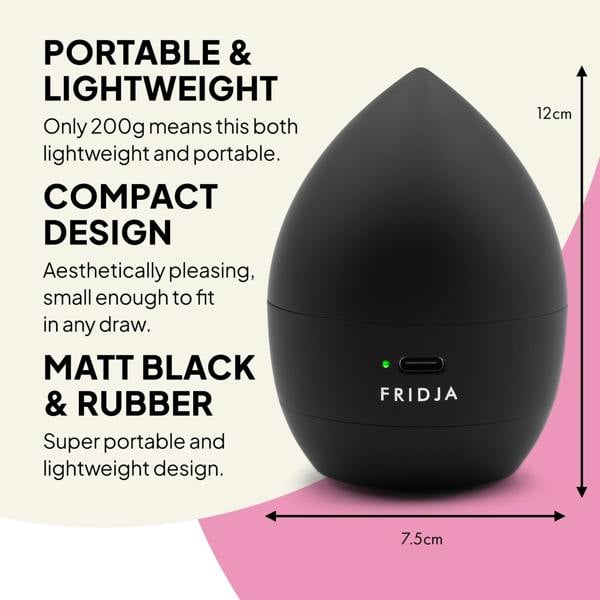 The Fridja Commercial Garment Care Duo – f1600 Steamer & f40 Fabric Shaver is a black, teardrop-shaped device (12 cm tall, 7.5 cm wide) with a matte and rubber finish—compact and lightweight for travel or on-the-go garment care.
