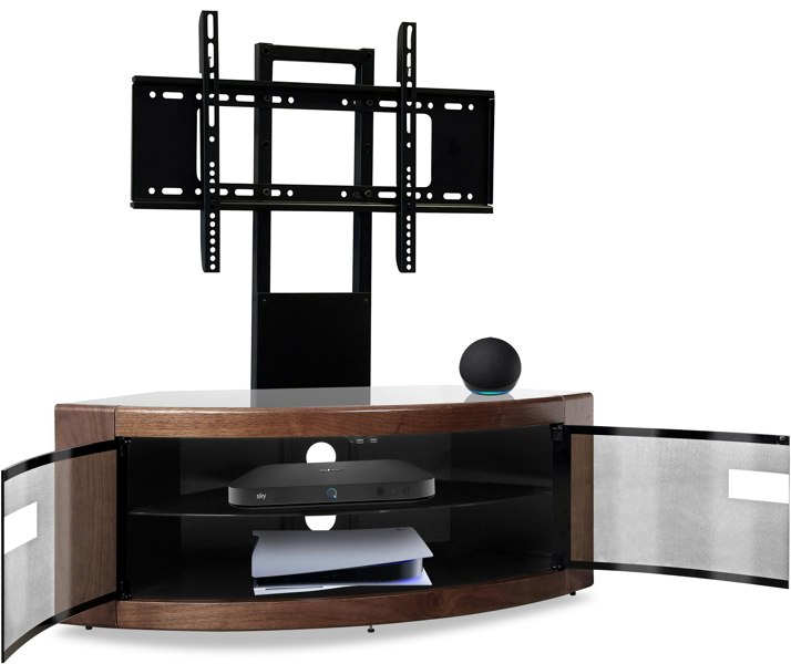 Centurion Supports PANGEA Black/Walnut Beam-Thru Curved True-Corner 32"-50" TV Cabinet with Mounting Arm