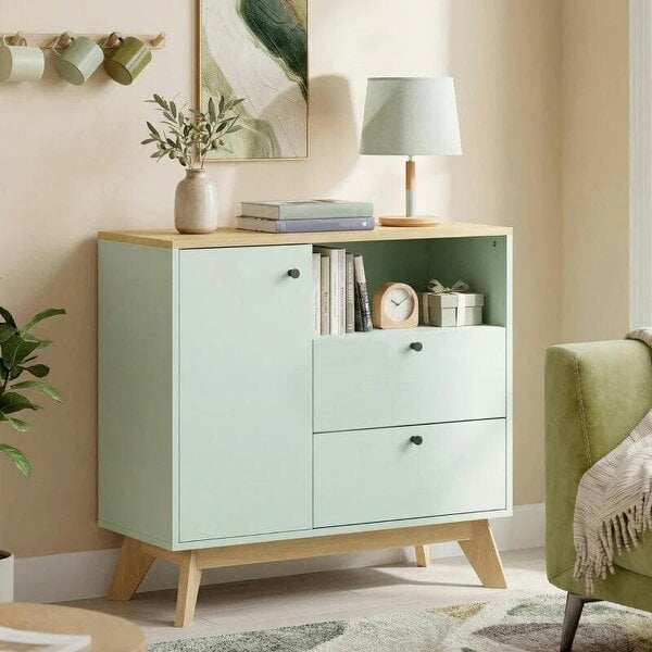 Sideboard Storage Cabinet, 80 cm Buffet Cabinet with 2 Drawers, Open Compartment, Adjustable Shelf, Light Green and Oak - Light Green and Oak
