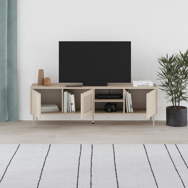 Decortie Modern 164cm TV Stand Unit Up to 55" TVs with 3 Soft-Close Doors, 2 Open Shelves Storage, Laser-Cut Pattern, Sonoma Oak