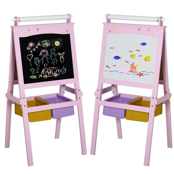 Pink wooden kids art easel with black chalkboard and colorful chalk doodles