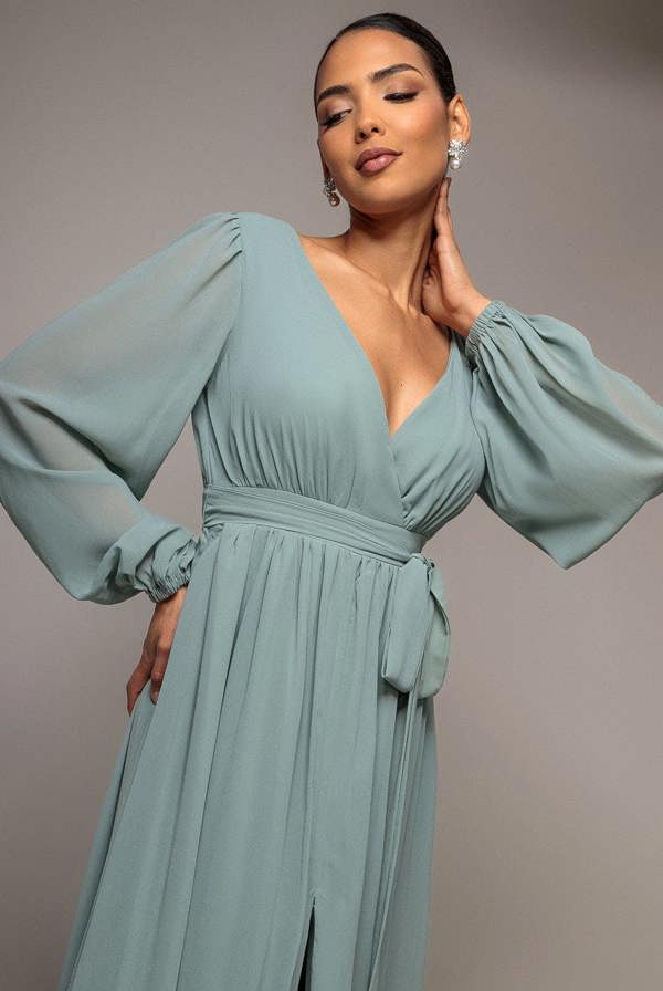 Sustainable Front Split Wrap Style Chiffon Maxi Dress - Sage Green DR4314BBS
