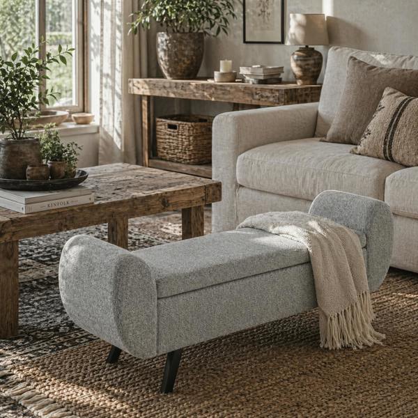 Wyld Haus Nesama Linen Grey Storage Bench With Armrest