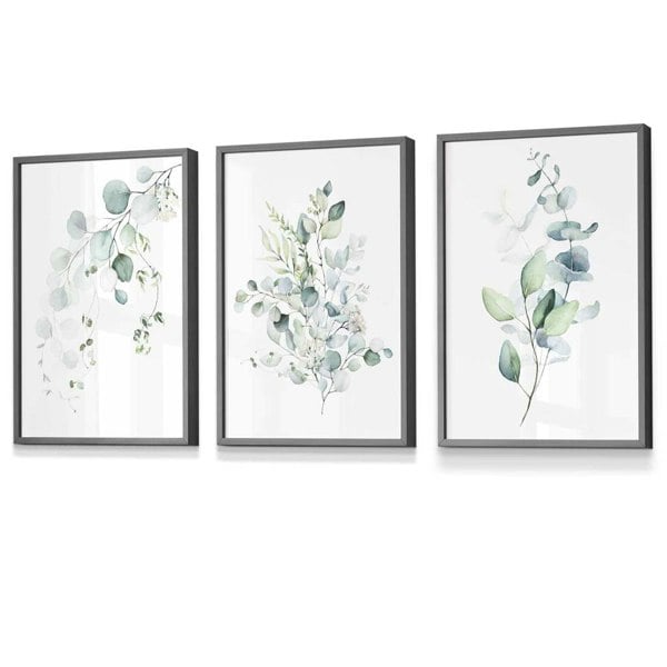 Artze Wall Art FLORAL Set of 3 Eucalyptus Blue Green Leaves Framed Prints