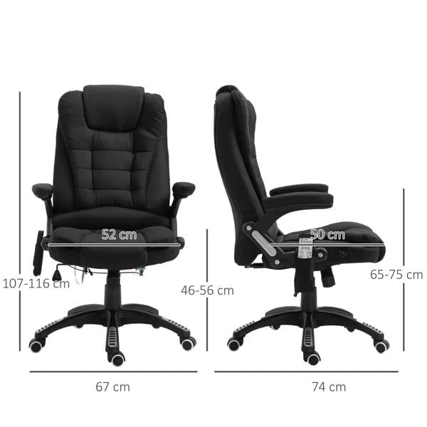 Black massage recliner chair shown from front and side with labeled dimensions and swivel base