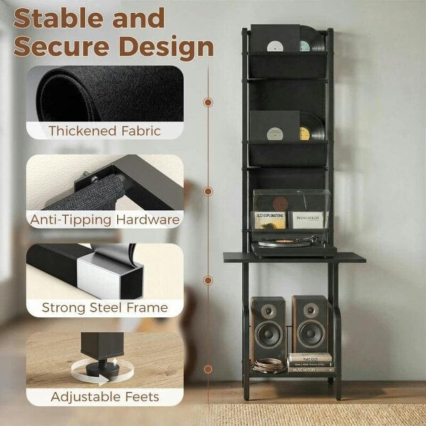 Bobobiy Vinyl Record Player Stand Record Storage with Player Stand Oxford Fabric Pockets Bottom Shelf, Black