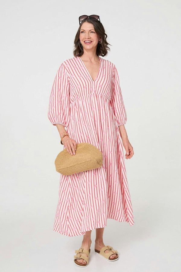 Red | Striped Empire 3/4 Sleeve Maxi Dress

