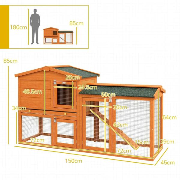 Two-tier rabbit hutch diagram with run, ramp, and slide-out tray dimensions