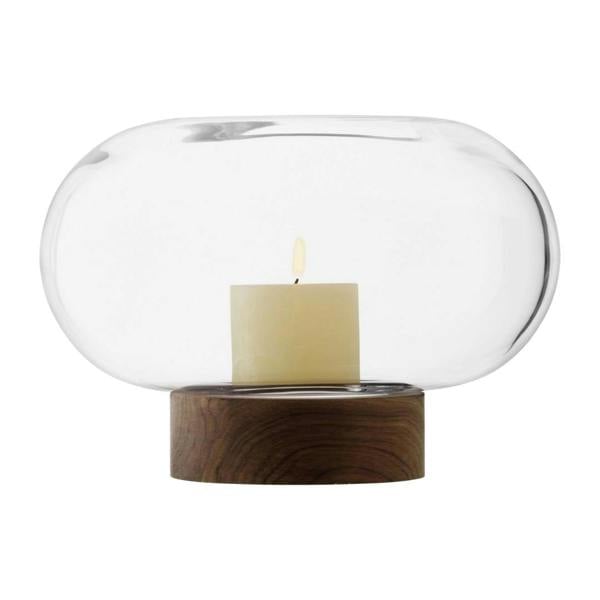 LSA Oblate Glass Vase Lantern 19.5cm with Walnut Base Clear