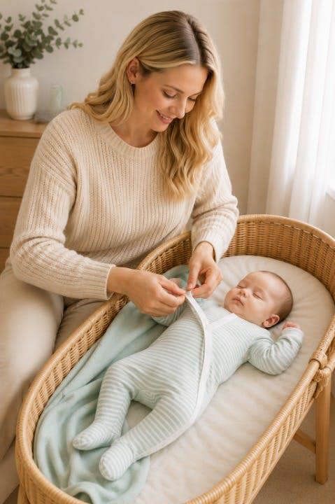 Mother fastening organic newborn sleepsuit side snap closure, 
baby resting peacefully in Moses basket