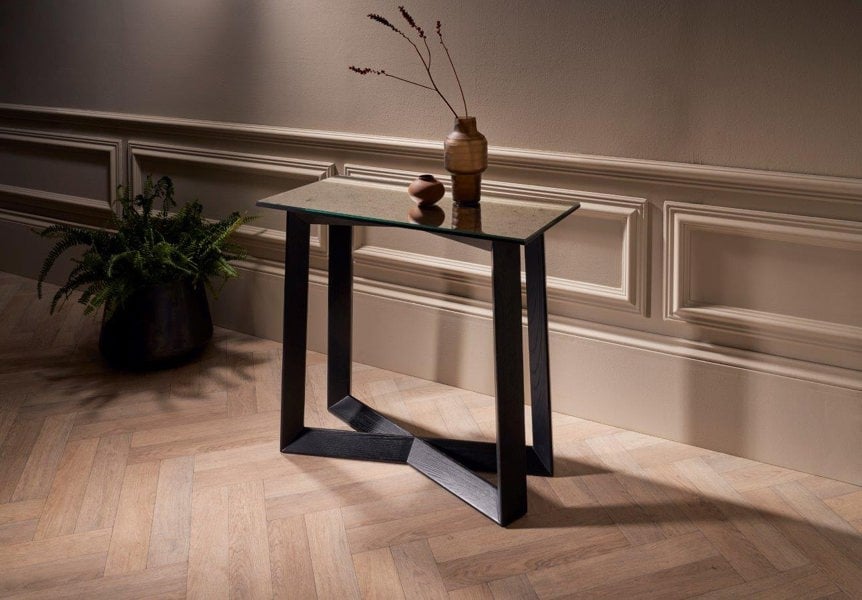 Cadiz Small Console Table with Antiqued Mirrored Glass (Foxed) Top & Natural Black Oak Base by Gillmore British Design © GillmoreSPACE Limited