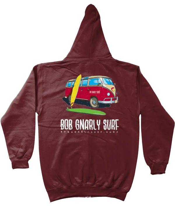 Bob Gnarly Surf Zipped Hoodie Wave Hunt - Burgundy