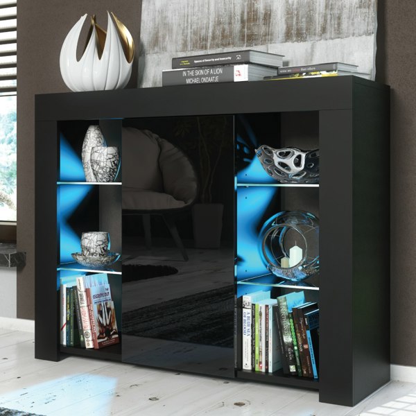 Mex Furniture Sophisticated 97.5cm Cabinet Cupboard TV Stand – Black High Gloss with Free LED