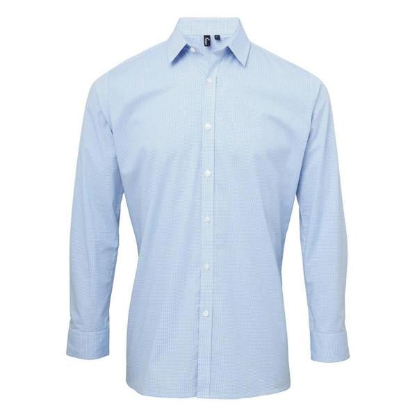 Premier Mens Gingham Long-Sleeved Shirt - Light Blue/White