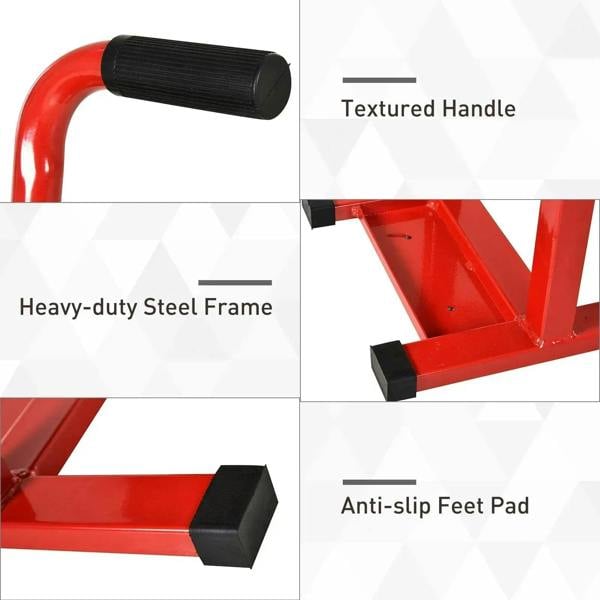 Red steel motorbike jack lift with textured handle and anti-slip foot pads