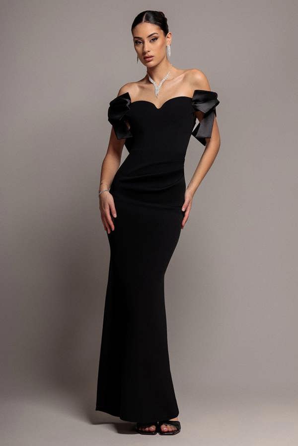 Satin Bow Bardot Sheath Maxi Dress - Black DR4999