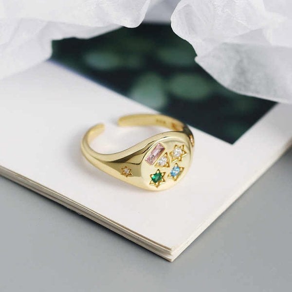 Spero London Kaleidoscope Gemstone Multicolour Round Sterling Silver Adjustable Signet Ring