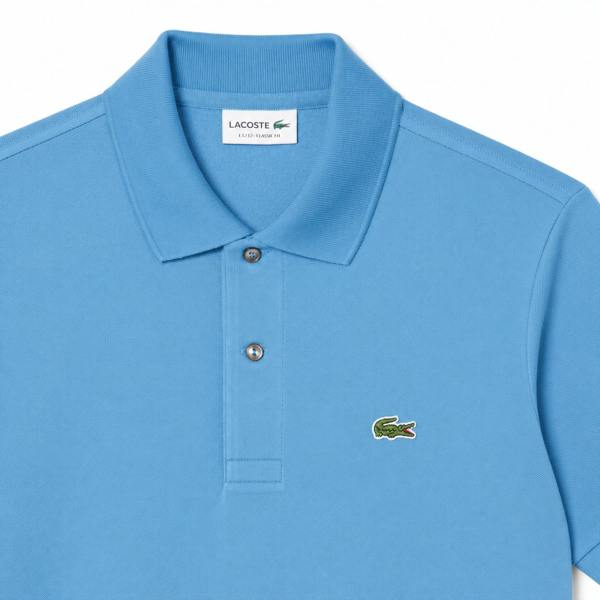 Lacoste azure blue classic fit polo shirt with crocodile logo and two-button placket.