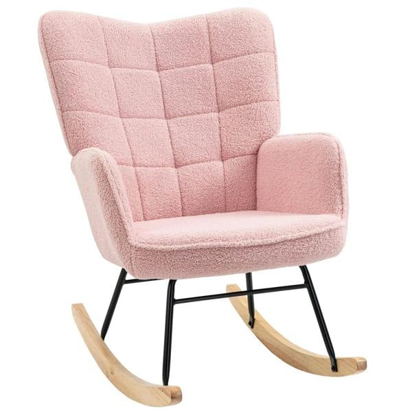 Pink fleece wingback rocking chair with tufted back and padded seat, curved wooden rockers