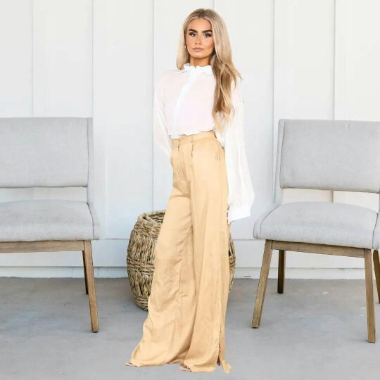 Elaina Fashion Women's Camel High Waist Wide Flared Leg Palazzo Pant  - Camel - 100% Viscose