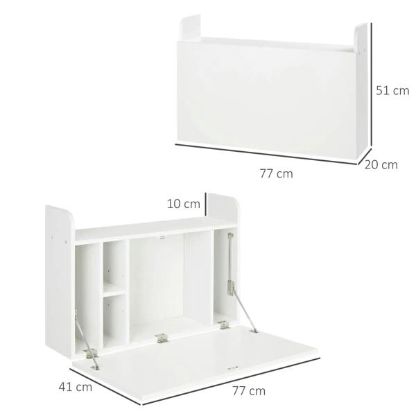 White wall-mounted drop-leaf desk, open cabinet with side shelves and lift mechanism