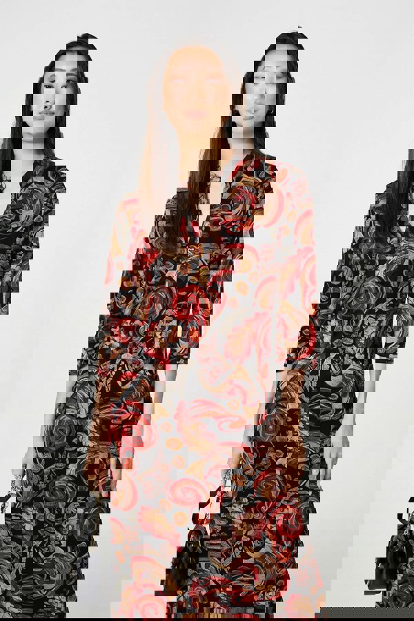 Red | Abstract 3/4 Sleeve Maxi Shift Dress
