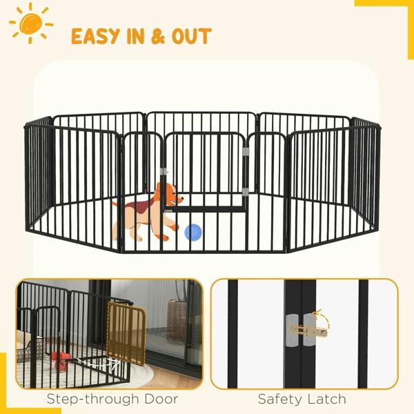 Black dog playpen with step-through door and safety latch