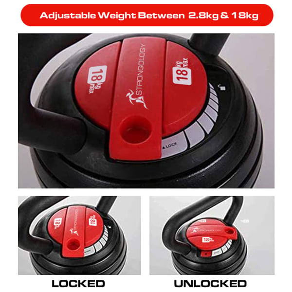 Strongology 7-in-1 Adjustable Smart Kettlebell up to 18kg Black with Red Dial Home Fitness Gym Equipment