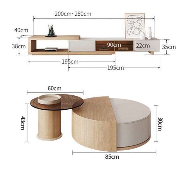 Ndre Nesting Revolving Coffee Table With Extendable TV Stand, Living Room Set-Weilai Concept-Weilai Concept