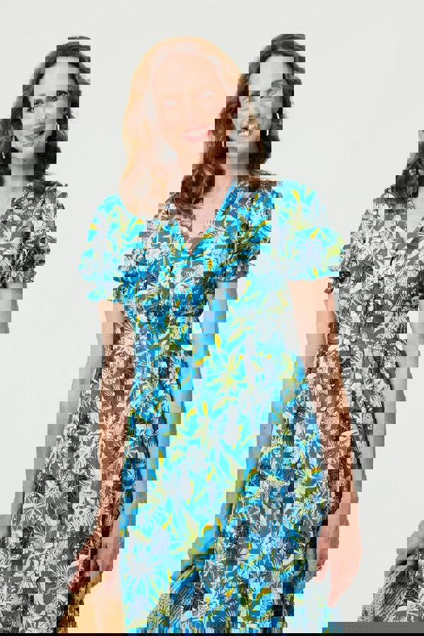 Blue | Leaf Print Short Sleeve Shirt Midi Dress
