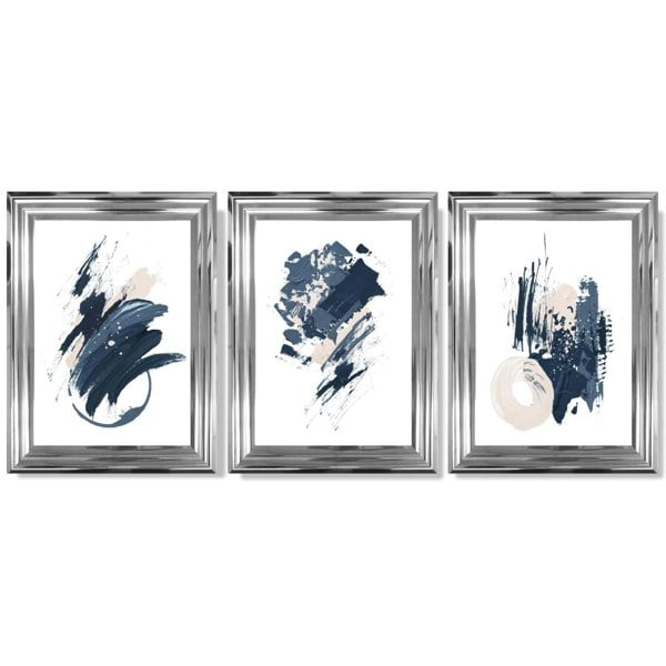 Abstract Set of 3 Minimal Blue Oil Painting Framed Art Prints with Glossy Chrome Frames