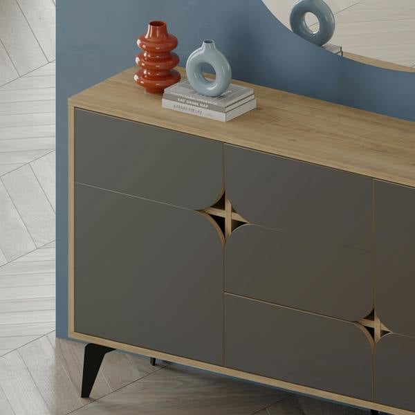 Decortie Spark Console Sideboard Display Unit 3 Cabinets Shelves Drawer Oak Anthracite Grey 140x35x80cm
