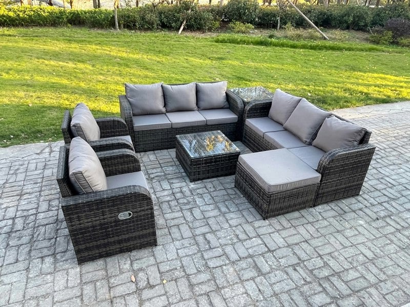 Fimous High Back Rattan Garden Furniture Set with Square Coffee Table Big Footstool Side Table Indoor Outdoor Patio Lounge Sofa Set Dark Grey Mixed