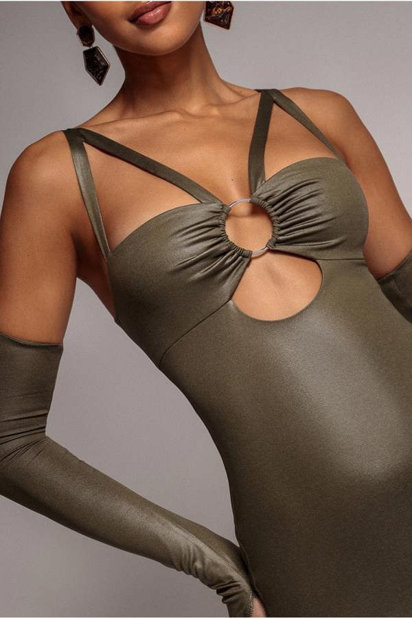 Faux Leather Cut Out Sheath Midi Dress - Khaki DR3724