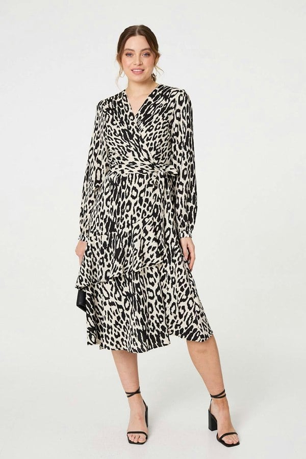 Black | Animal Print Ruffled Midi Wrap Dress

