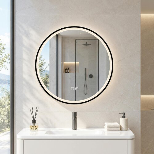 HOMCOM LED Bathroom Mirror, 60cm Round Bathroom Mirror, Dimmable, Black