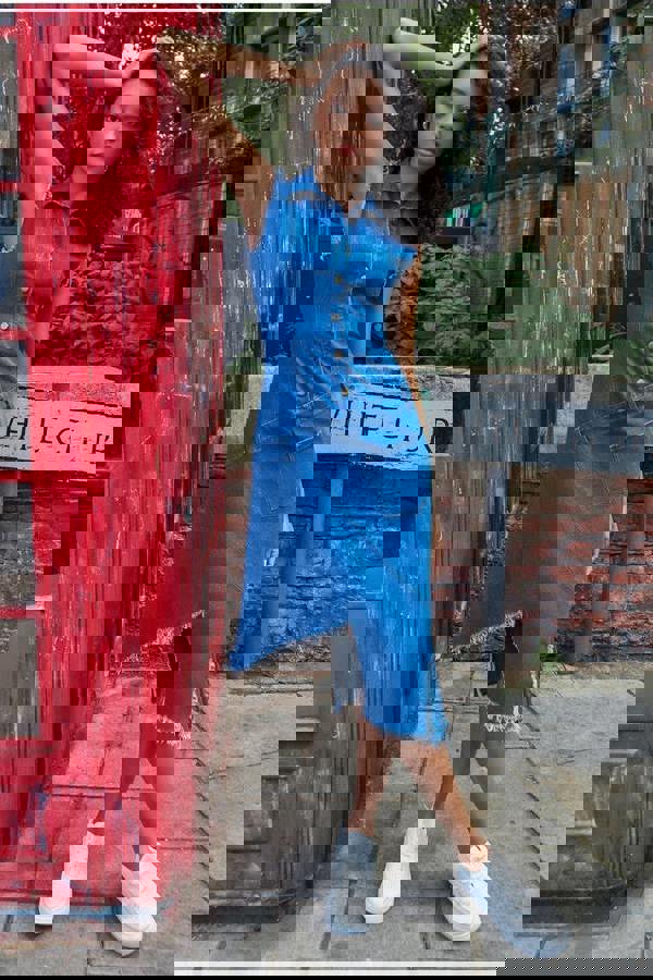 Denim Frayed Asymmetric Sleeveless Midaxi Shirt Dress - Blue Denim DR4130