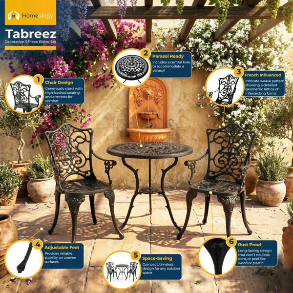 Homeology TABREEZ Garden and Patio Table and 2 Large Chairs with Armrests Cast Aluminium Bistro Set - Black