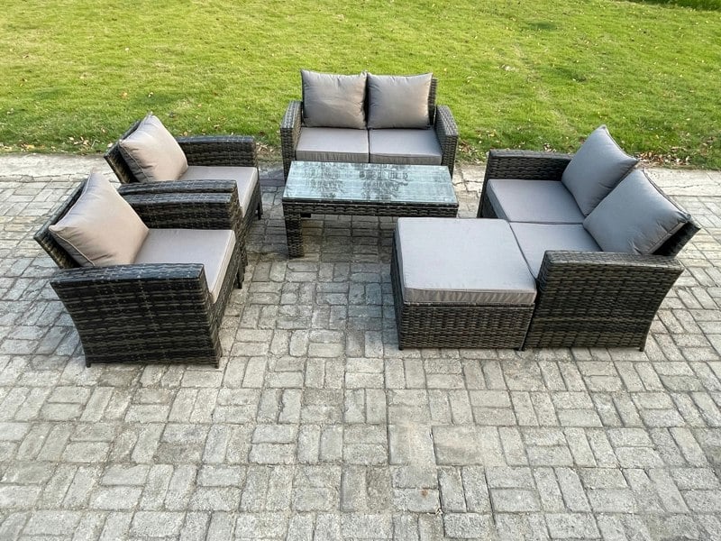 Fimous 7 Seater Dark Grey Mixed High Back Rattan Sofa Set Coffee Table Garden Furniture Outdoor Patio With Love Sofa Arm Chairs Big footstool