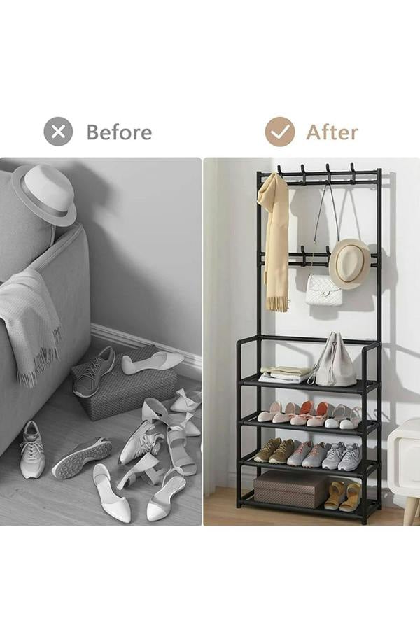 Living and Home 4 Tier Shoe Shelf Storage Organizer with Hooks Clothes Hanger Garment Rack