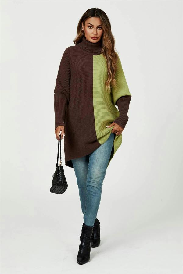FS Collection High Neck Half Brown & Green Block Colour Jumper Top