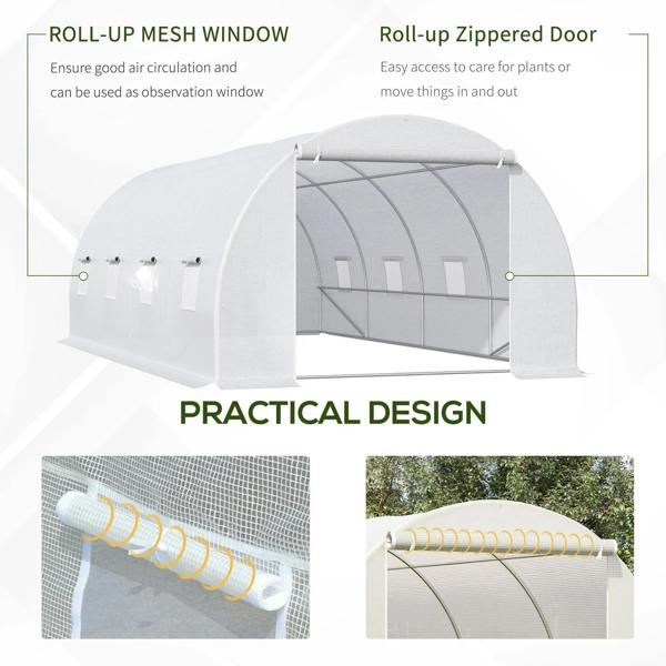 White polytunnel greenhouse with roll-up mesh window and roll-up zipper door