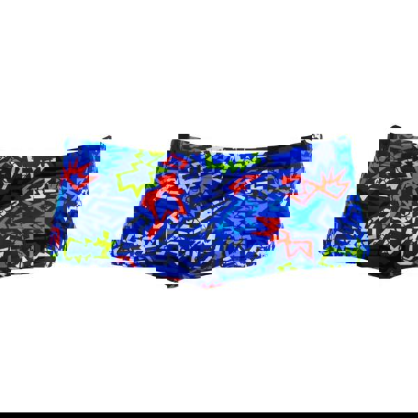 Funky Trunks Boys Broken Hearts Sidewinder blue swim trunks with neon stars and lightning