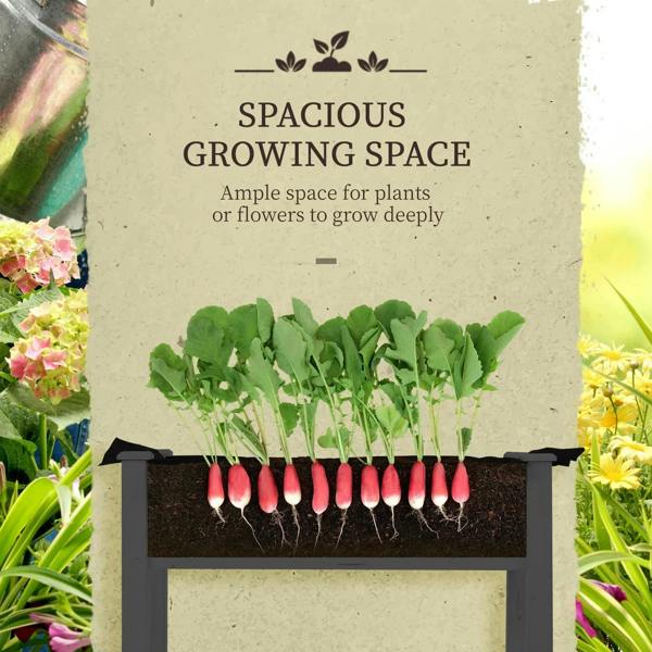 Dark grey raised planter bed filled with soil and seedlings with roots and stems visible