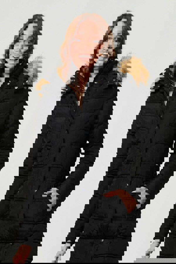 Black | Hooded Faux Fur Trim Longline Jacket
