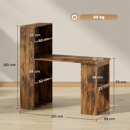 Wyld Haus Nanono 120cm Wooden Rustic Brown 6 Tier Bookshelf Desk For Home Office