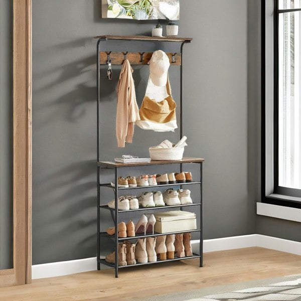 Rafaelo Mobilia Industrial Rustic Hallway Tree Coat Stand With 5 Tier Shoe Rack