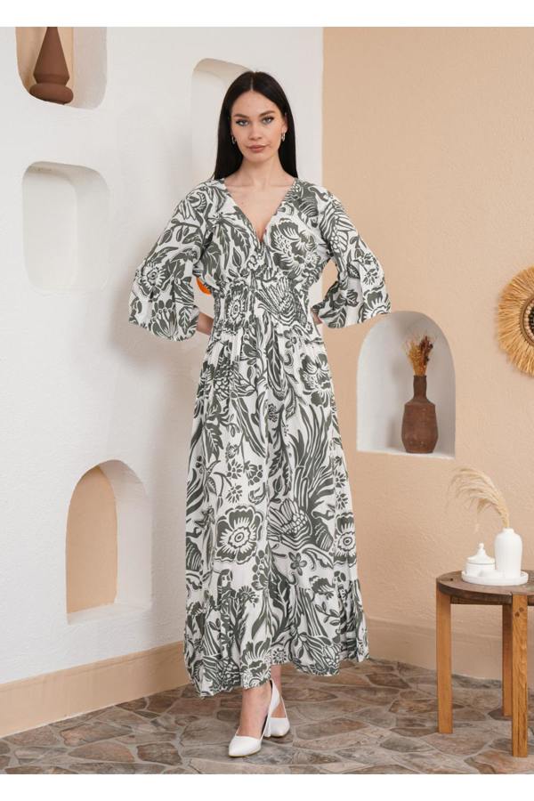 Hoxton Gal Oversized V Neck Shirred Waist Floral Print Maxi Dress in Khaki