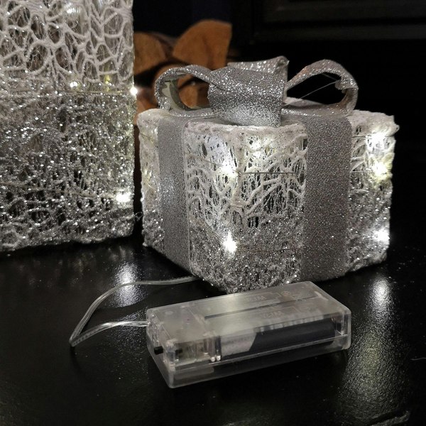Samuel Alexander Set of 3 Battery Operated Silver Sparkly Christmas Gift Boxes with LEDs